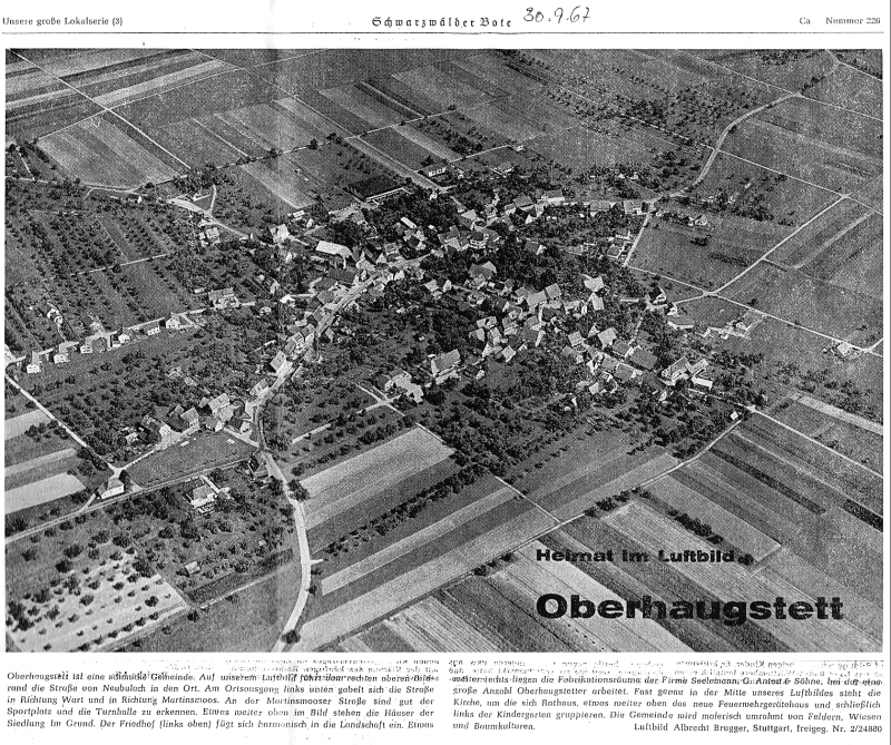 Zeitungsbericht ber Oberhaugstett mit Luftbild im Schwarzwlder Bote am 30.09.1967