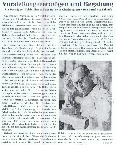 Zeitungsbericht ber Holzbildhauer Roller im Schwarzwlder Bote am 30.09.1967